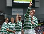 Record snapper Crawford brown joins Celtic on loan deal and celebrates Thompson's goal.<br>